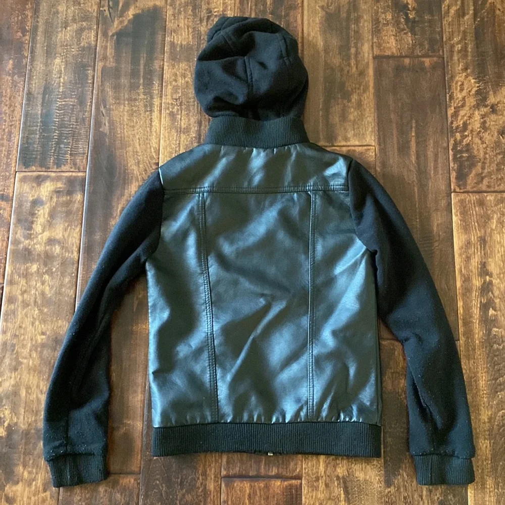 Kid’s Faux Leather/Cotton Jacket with Hood, Size Medium - Picture 6 of 8